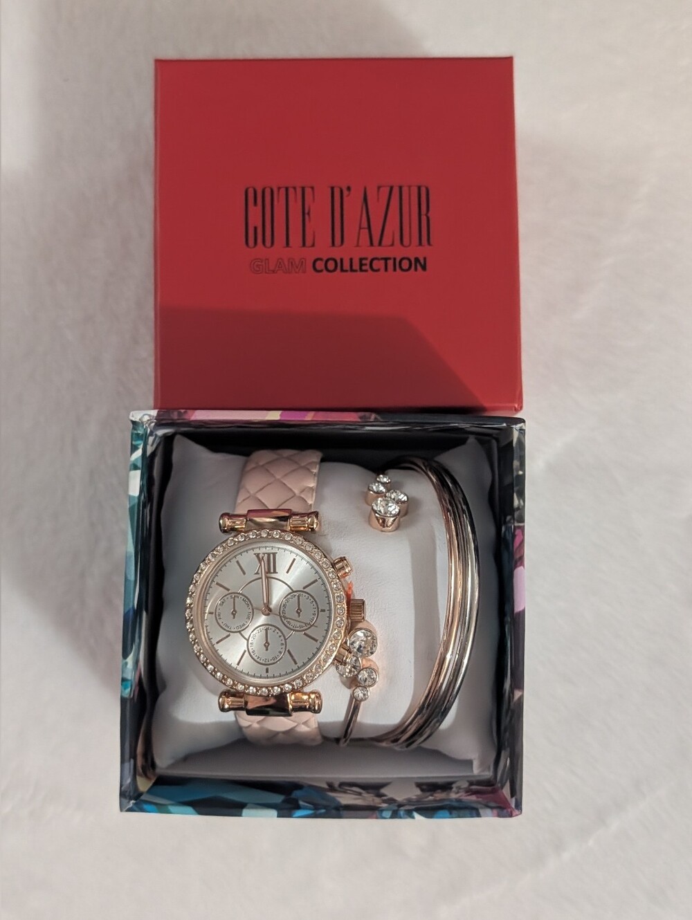 Cote D'Azur Pink Quilted Watch and Bracelet Set, New In its Original Box